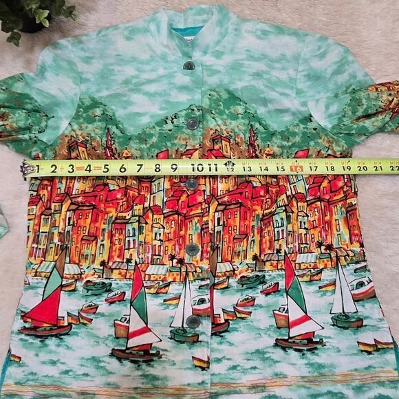 Coldwater Creek Blue with Sailboat Scene Button-Front Linen-Blend Jacket… - Picture 3 of 9